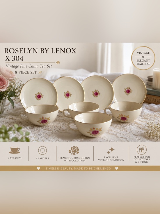 Lenox Other - Vintage Lenox Roselyn Ivory Bone China Cup & Saucer Set of 8 Pcs